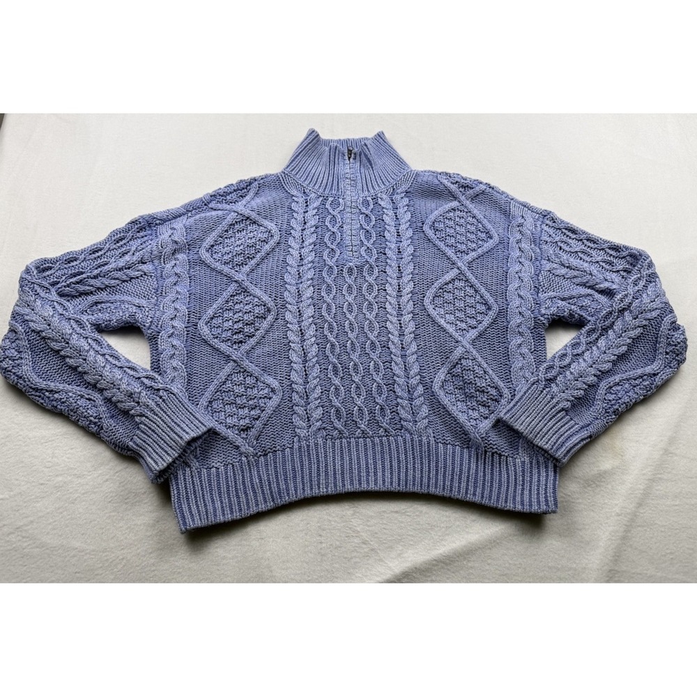 Lucky Brand Women's Blue Cable Knit 1/4 Zip Pullover Sweater Size XS Boxy